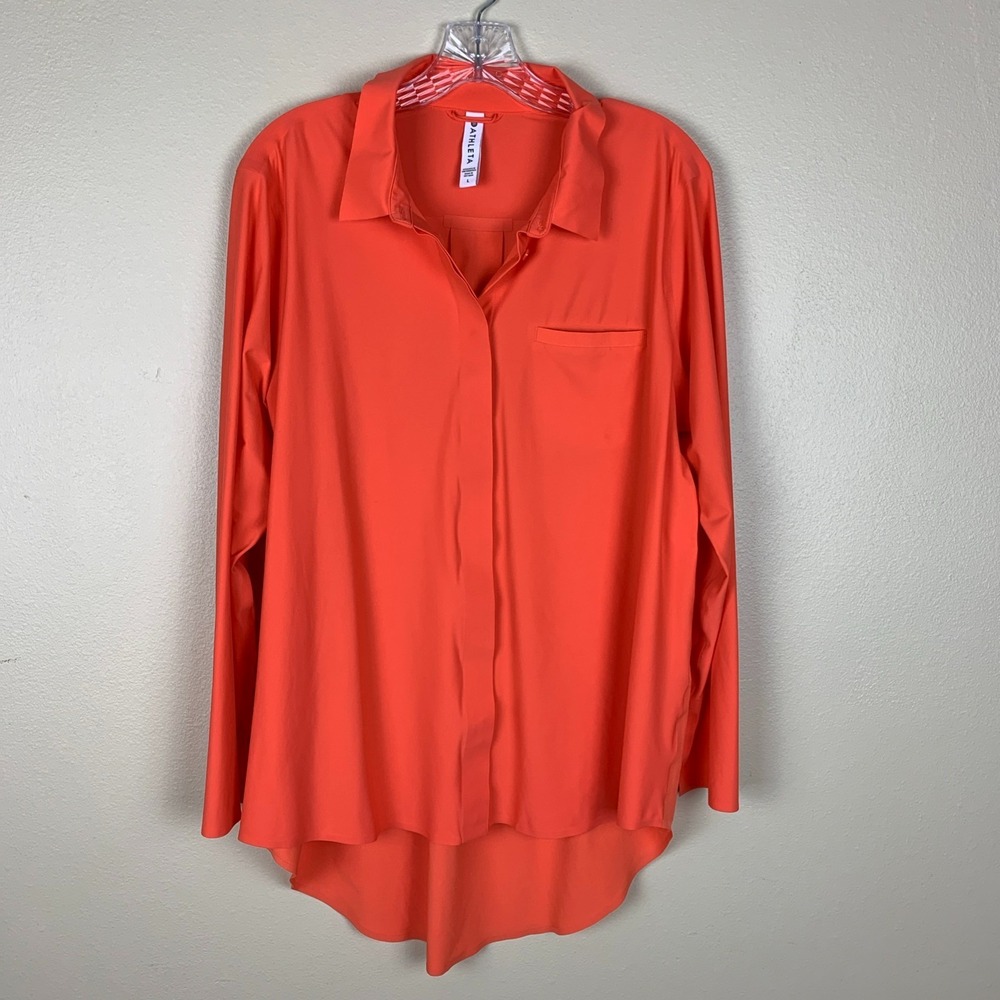 Athleta Urbanite Tunic High Low Button Down Shirt Orange Long Sleeve Size L